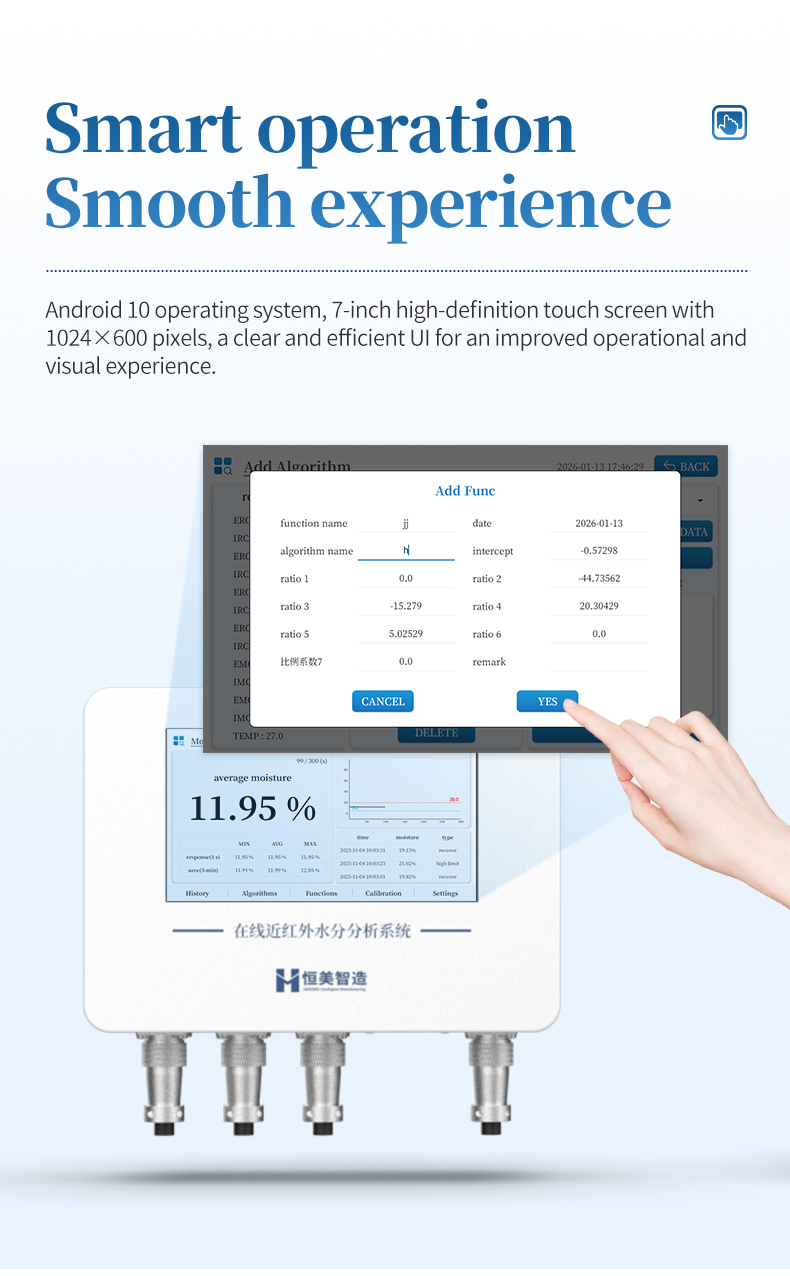 HM-ZHS Android 10 touchscreen calibration interface for production line moisture model building and validation