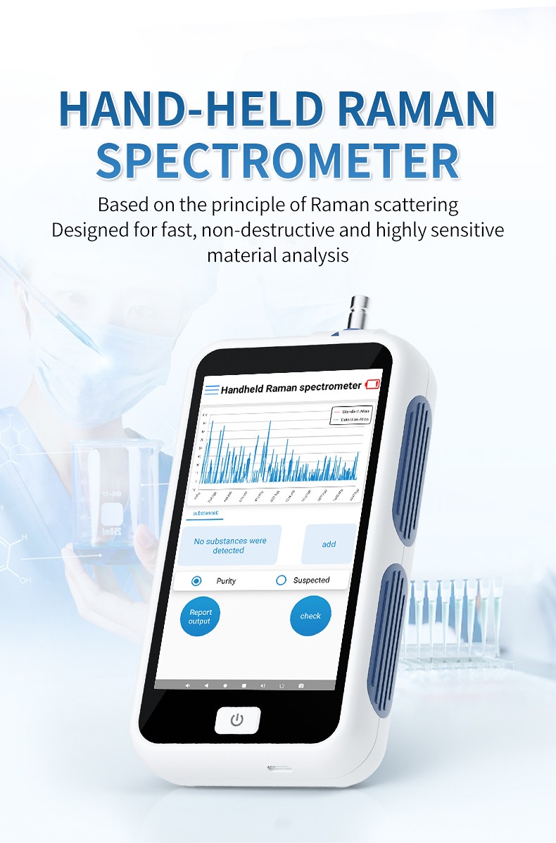 HM-SLM handheld Raman spectrometer displaying a Raman spectrum on its touchscreen
