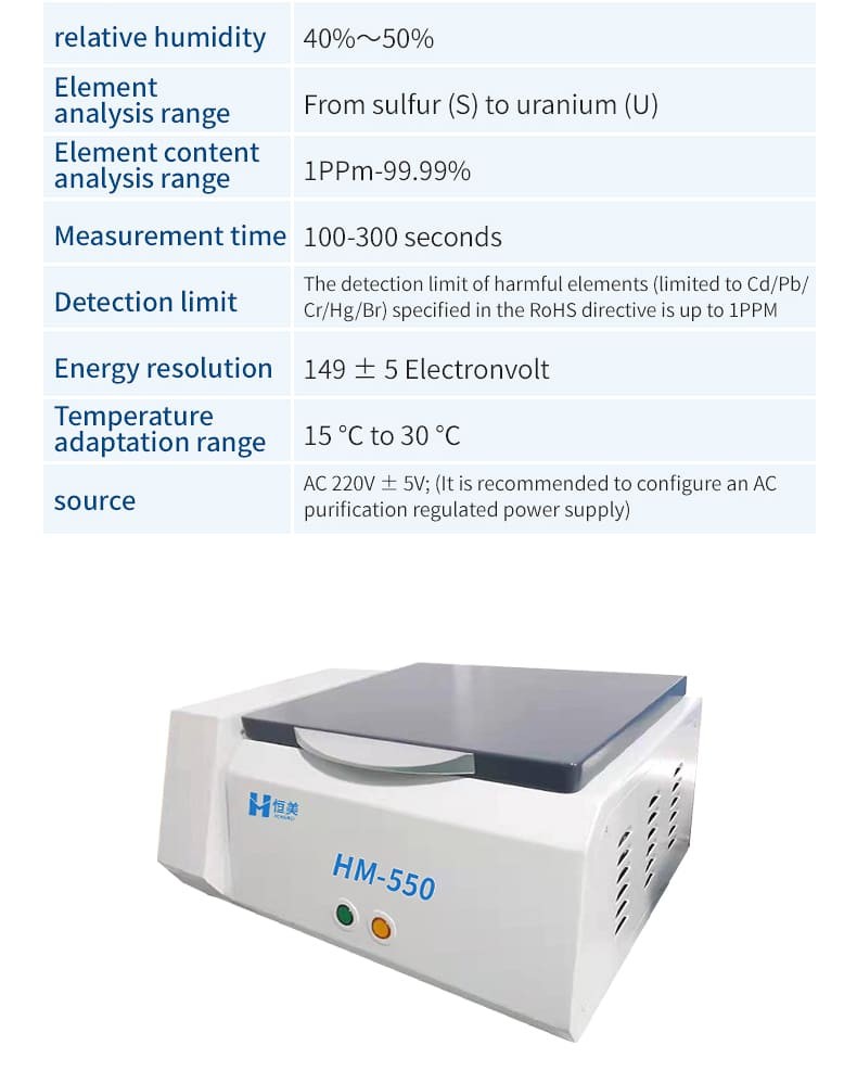 HM-550 benchtop XRF technical specification table